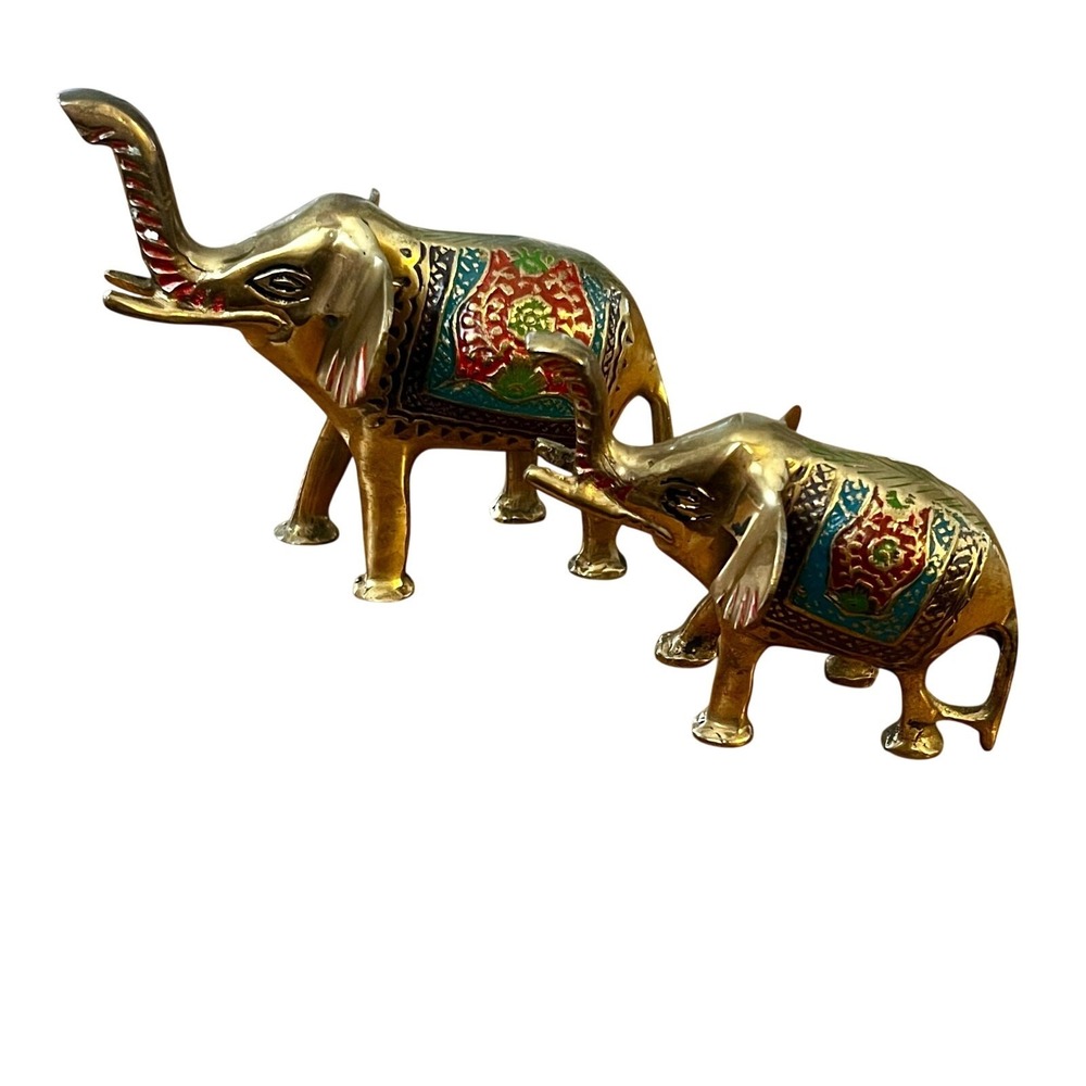 Vintage Brass Home Decor Enamel Elephant Figurines Pair 2 Colorful